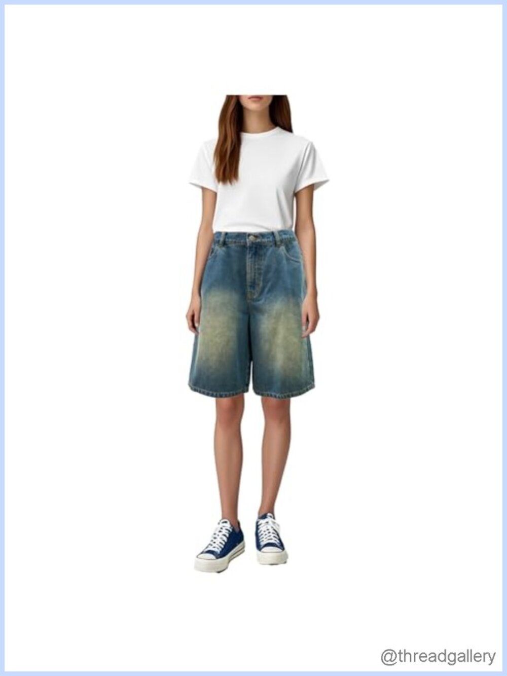 Women's Baggy Denim Bermuda Shorts Loose Fit Wide Leg Elastic Waist Knee Length